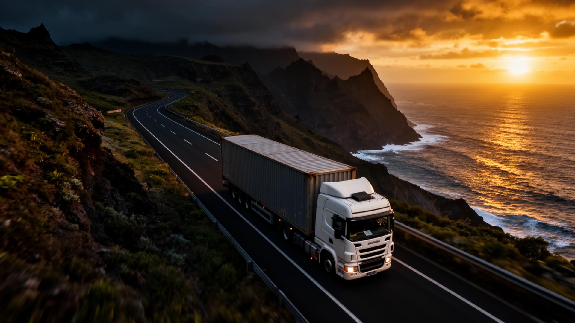 Camion sur une route côtière de La Réunion au coucher du soleil